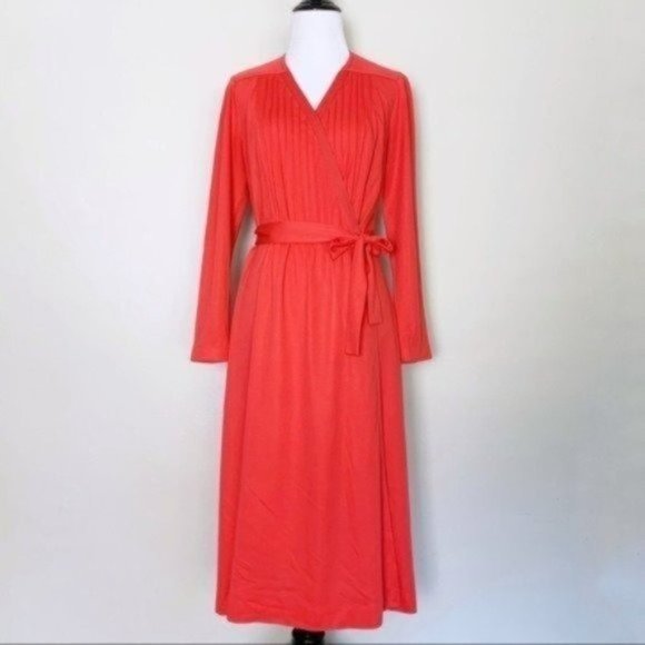 Vintage 60s 70s Edith Flagg Red Pleated Long Sleeve Midi Wrap Dress Small - Picture 2 of 12